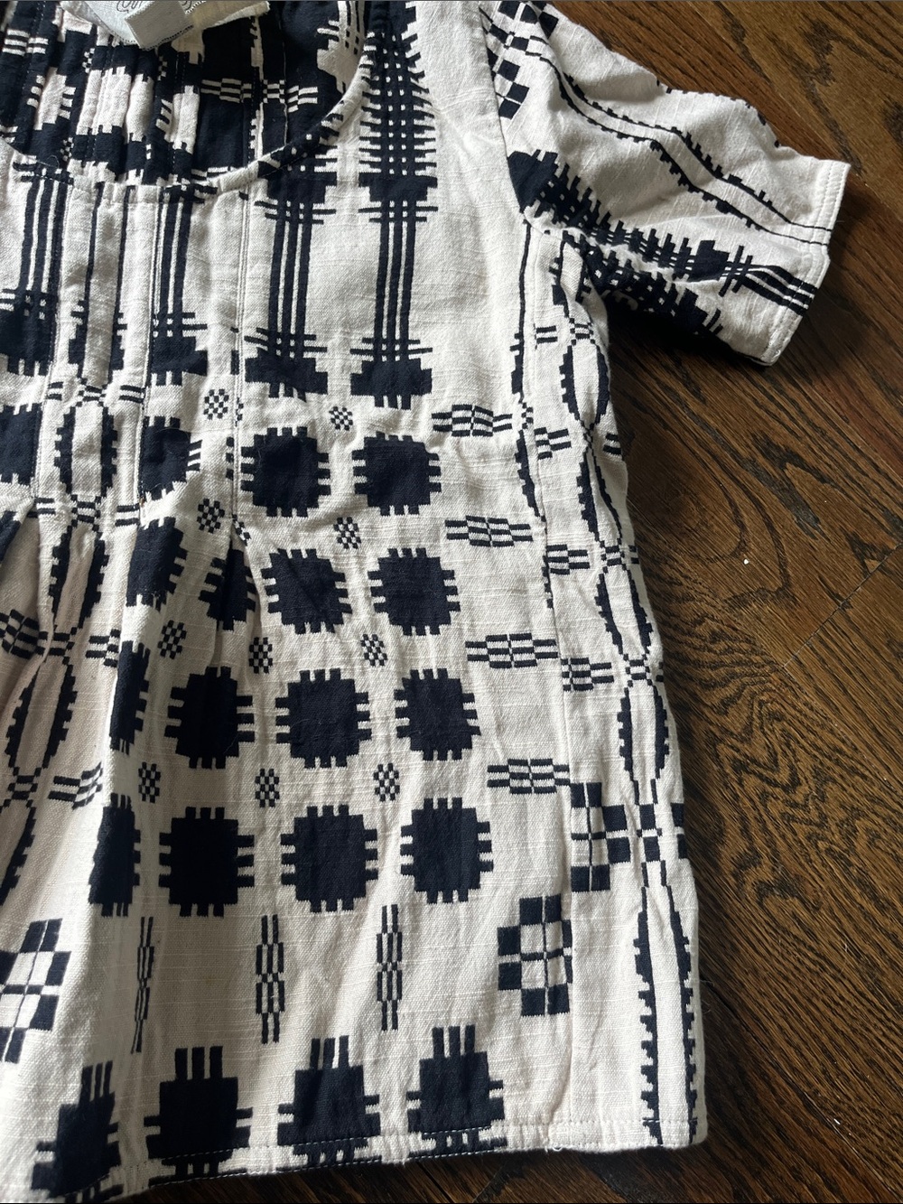 Ace & Jig Black and Cream 100% Cotton Artisan Geometric Short Sleeve Blouse - Picture 3 of 7